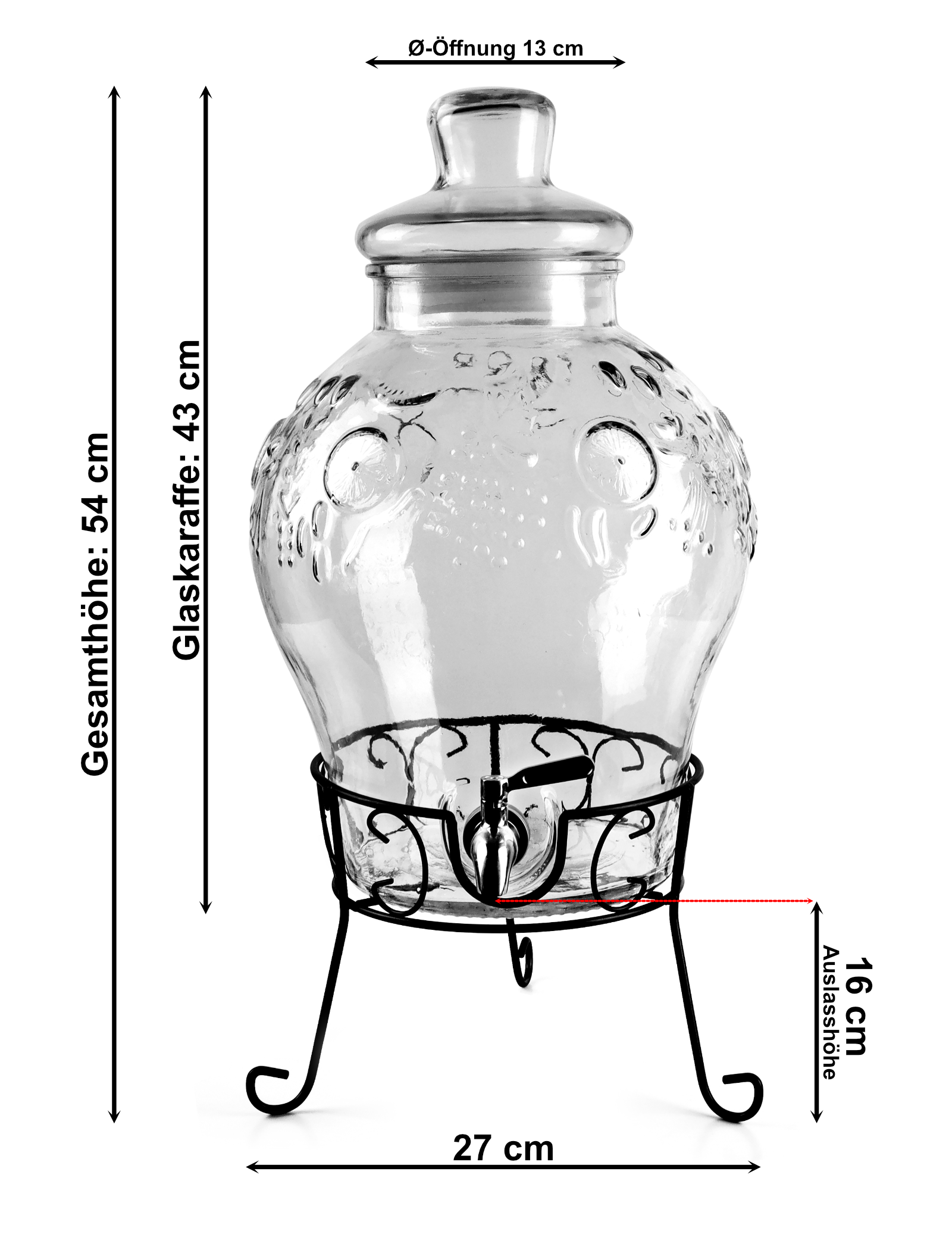 Glas-Getränkespender 10L mit Edelstahl-Zapfhahn und Metallständer