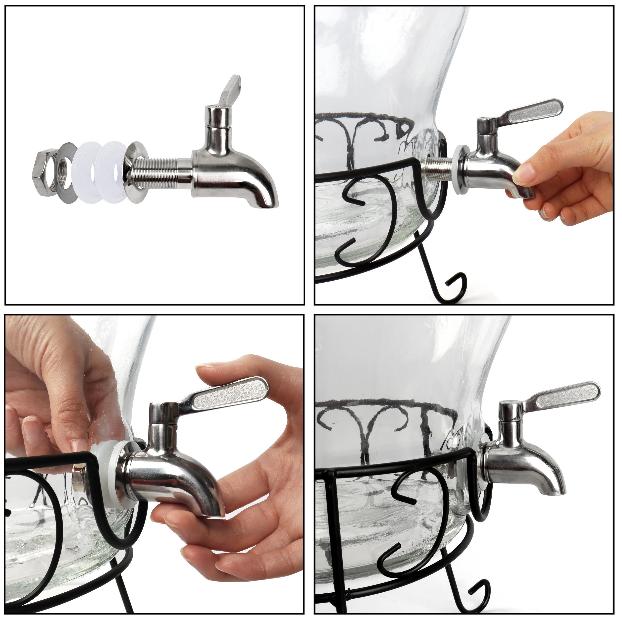 Glas-Getränkespender 10L mit Edelstahl-Zapfhahn und Metallständer