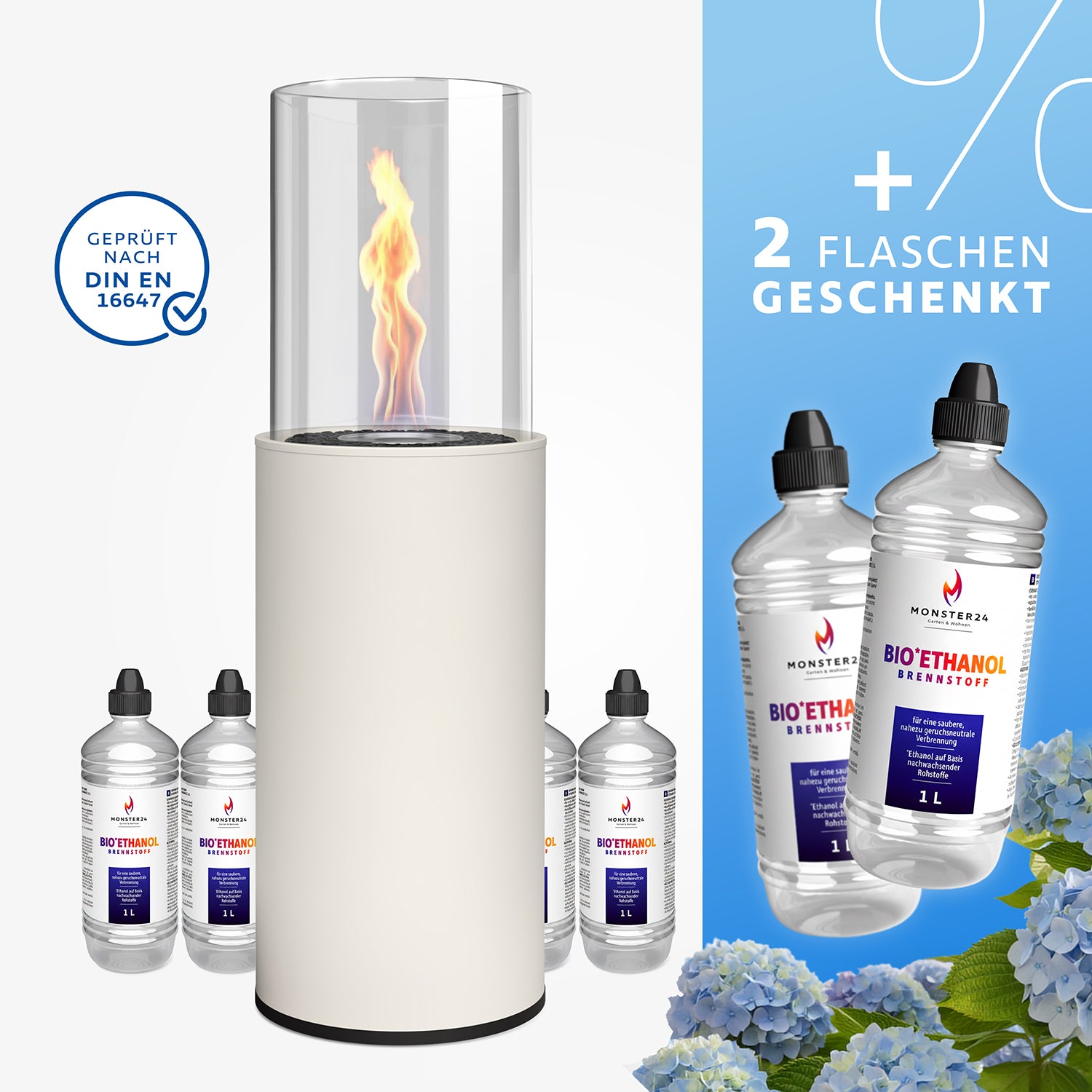 Feuer & Flair Paket - Bioethanol Standkamin inkl. 6 L Bioethanol
