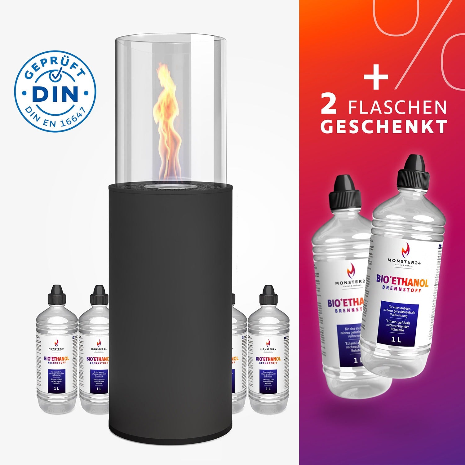 Feuer & Flair Paket - Bioethanol Standkamin inkl. 6 L Bioethanol
