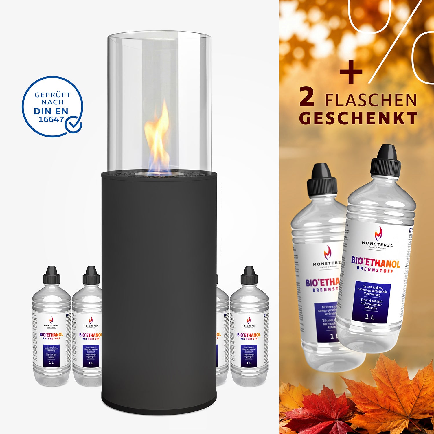 Feuer & Flair Paket - Bioethanol Standkamin inkl. 6 L Bioethanol