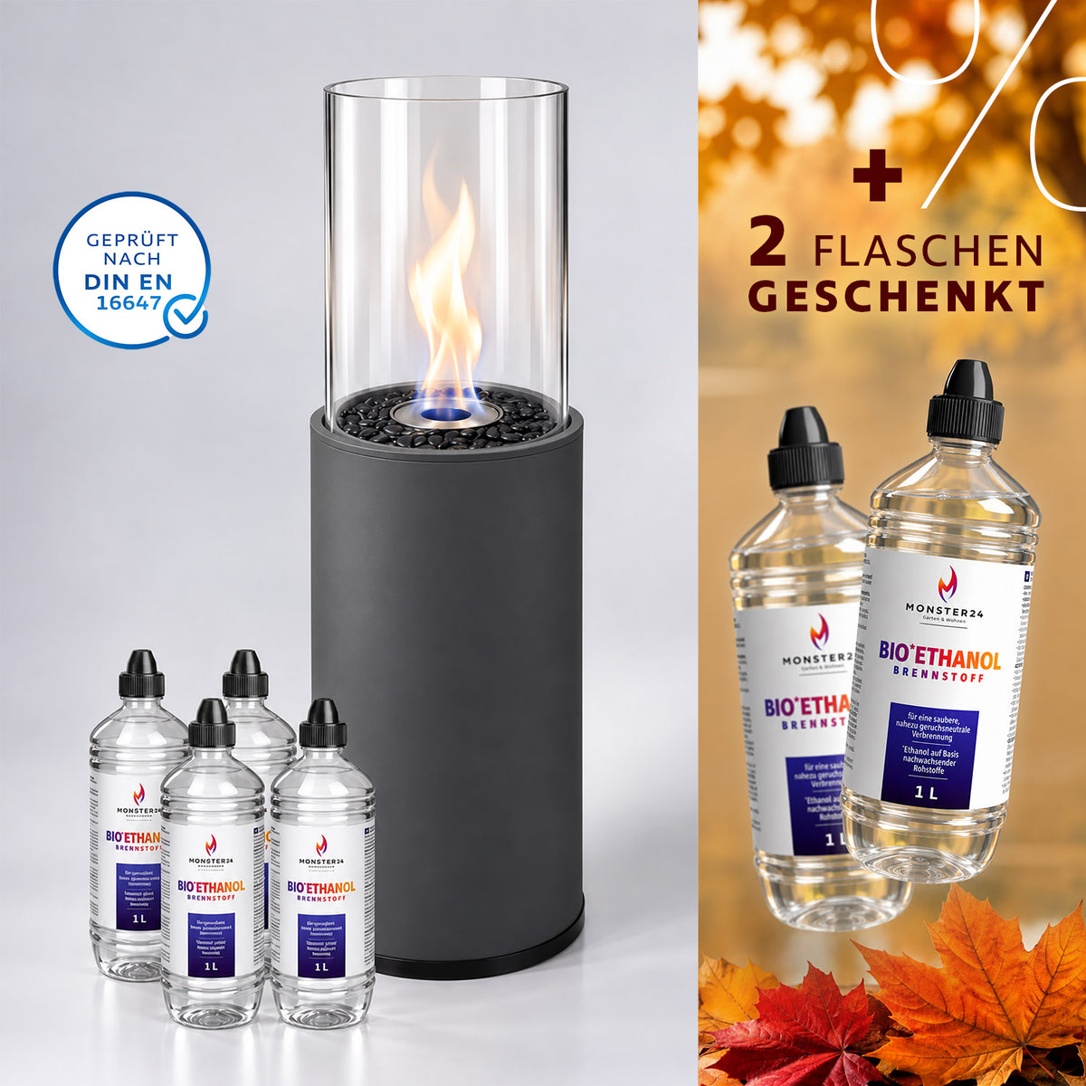 Feuer & Flair Paket - Bioethanol Standkamin inkl. 6 L Bioethanol