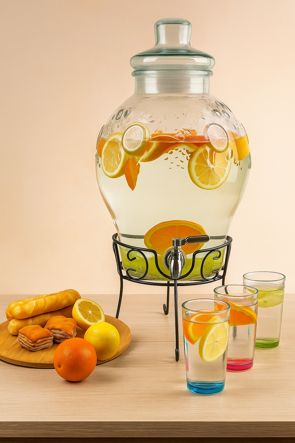 Glas-Getränkespender 10L mit Edelstahl-Zapfhahn und Metallständer