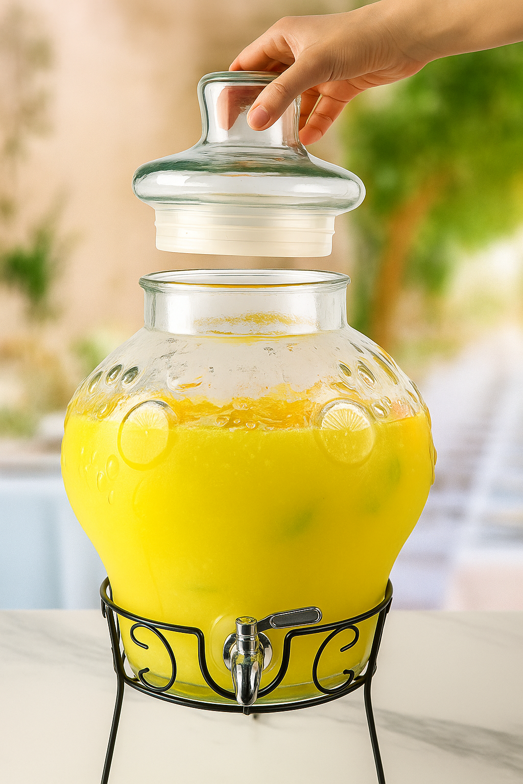 Glas-Getränkespender 10L mit Edelstahl-Zapfhahn und Metallständer