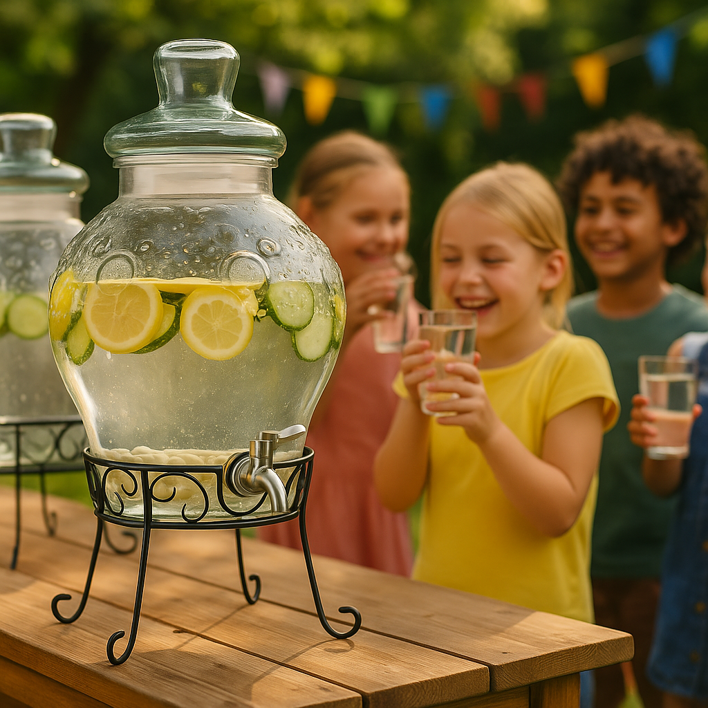 Glas-Getränkespender 10L mit Edelstahl-Zapfhahn und Metallständer