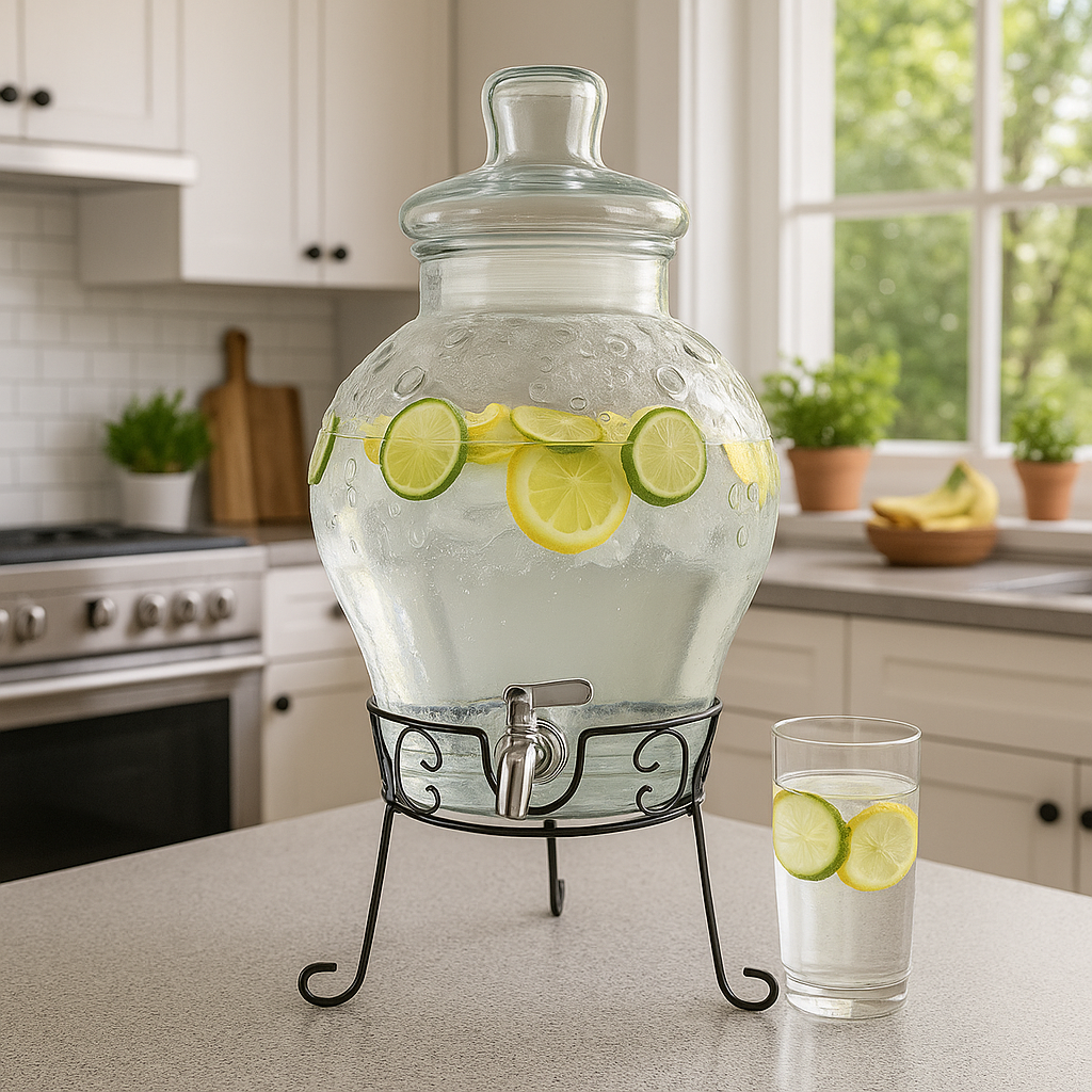 Glas-Getränkespender 10L mit Edelstahl-Zapfhahn und Metallständer