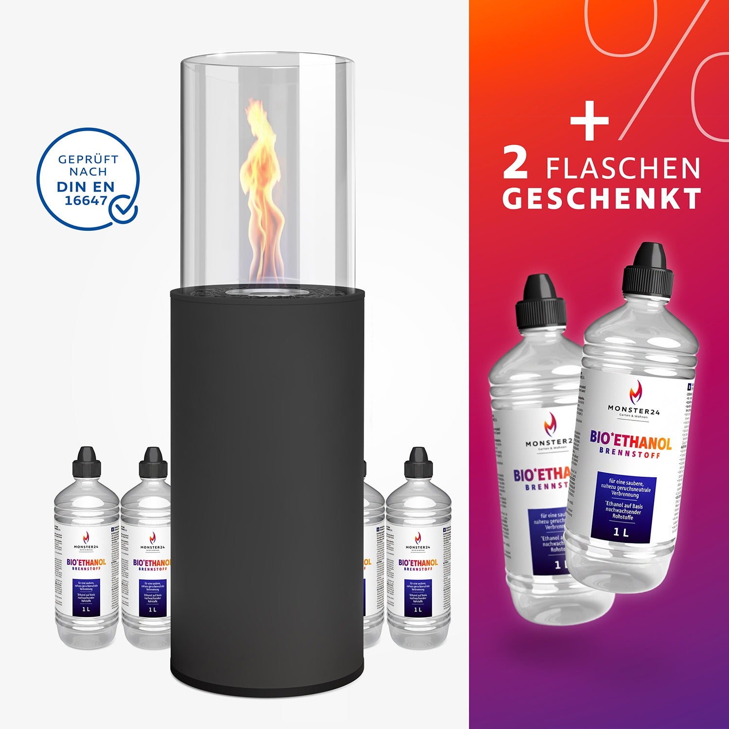 Feuer & Flair Paket - Bioethanol Standkamin inkl. 6 L Bioethanol