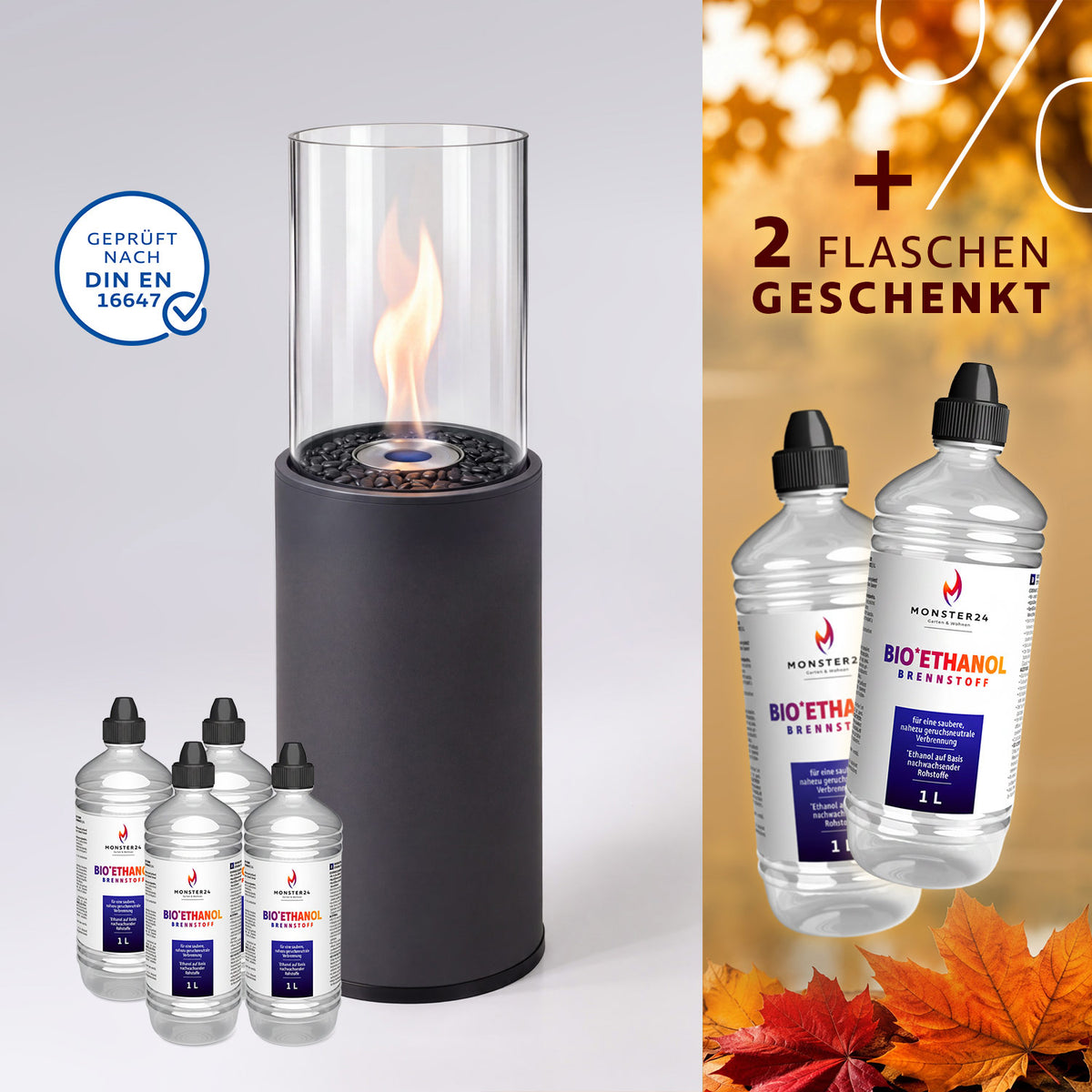 Feuer & Flair Paket - Bioethanol Standkamin inkl. 6 L Bioethanol