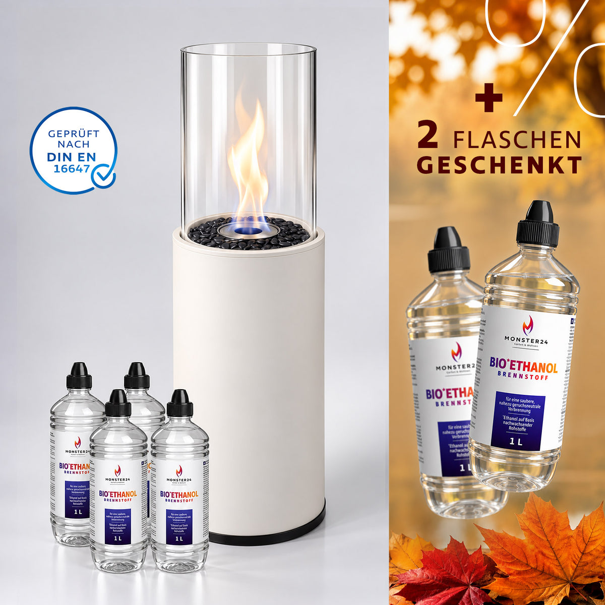 Pack Feu & Chic - Cheminée sur pied au bioéthanol avec 6 L de bioéthanol
