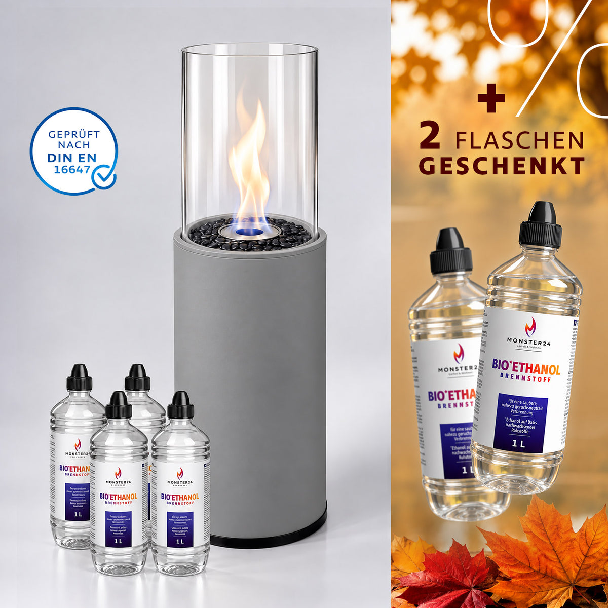 Pack Feu & Chic - Cheminée sur pied au bioéthanol avec 6 L de bioéthanol