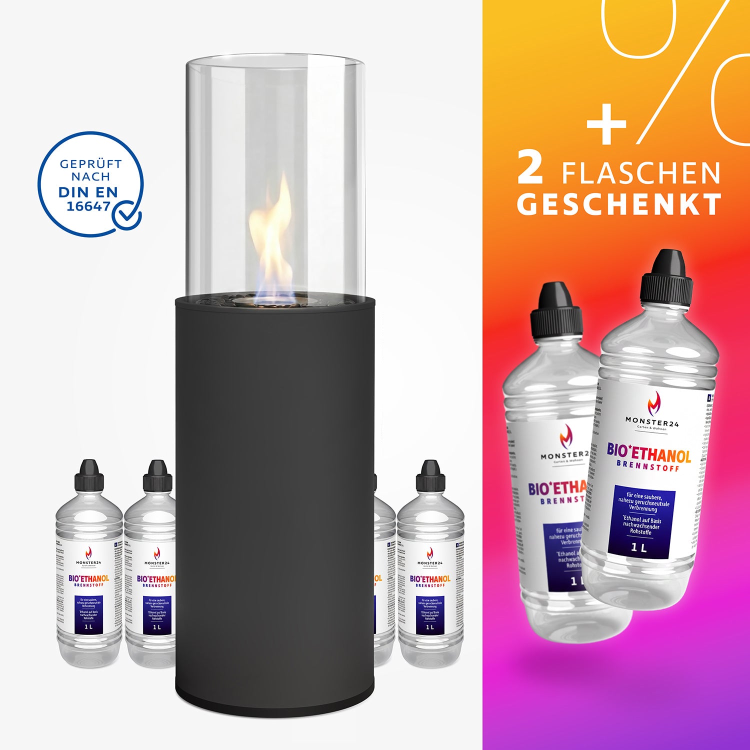 Feuer & Flair Paket - Bioethanol Standkamin inkl. 6 L Bioethanol
