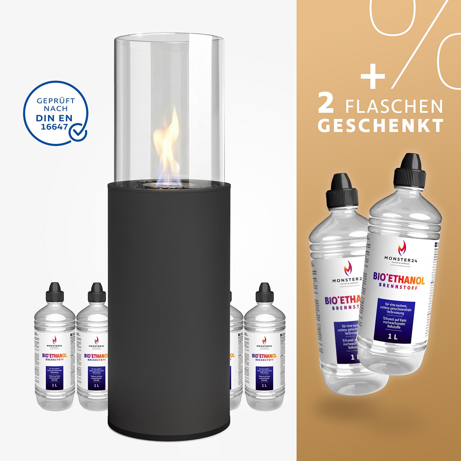 Feuer & Flair Paket - Bioethanol Standkamin inkl. 6 L Bioethanol