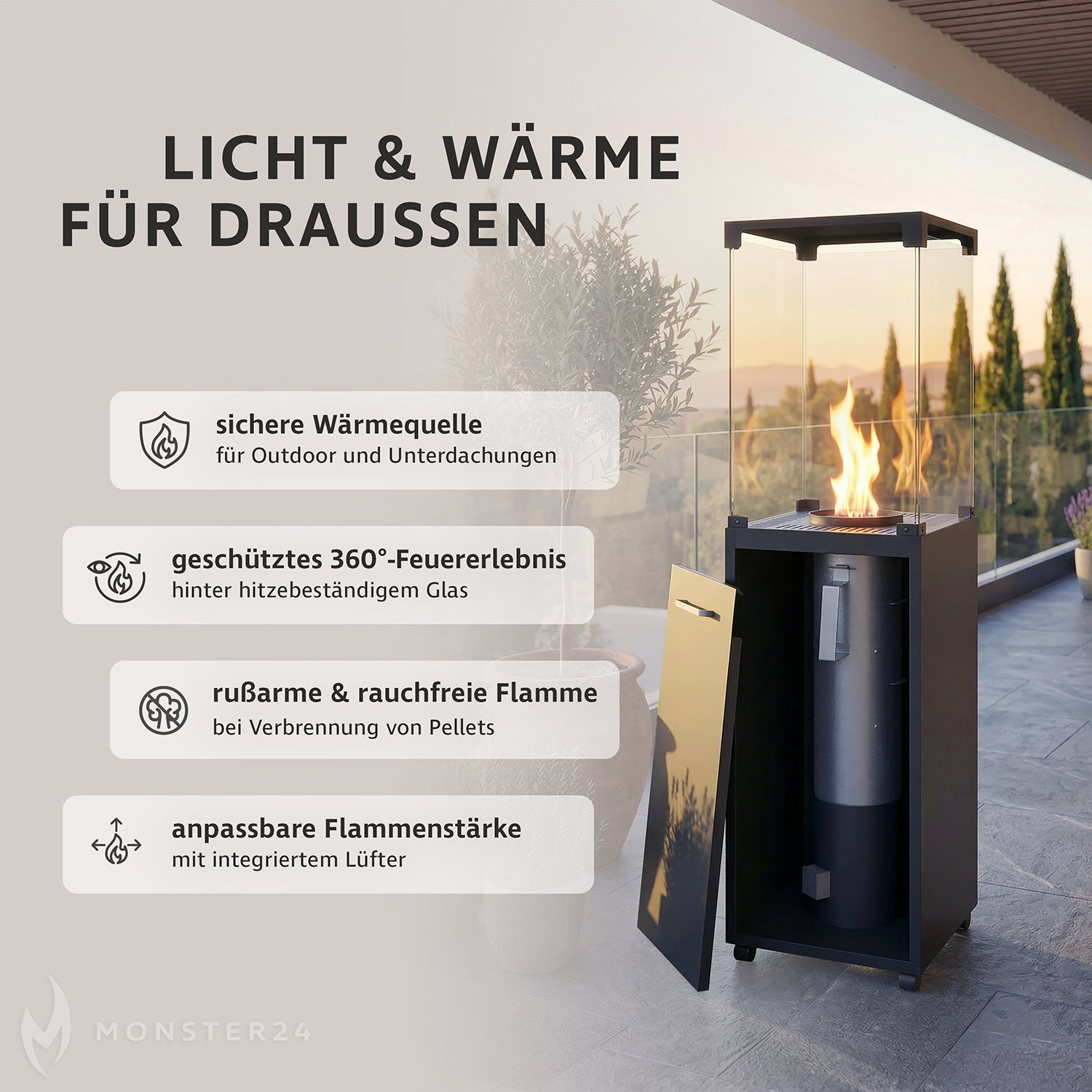 EMYRA Pellet Feuerstelle mit 360° Glas (inkl. Fireal Bundle)