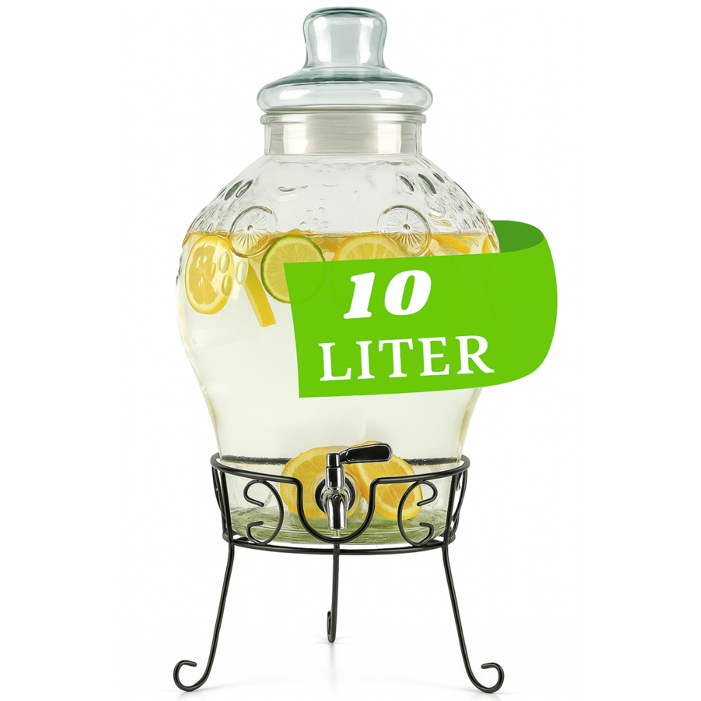 Glas-Getränkespender 10L mit Edelstahl-Zapfhahn und Metallständer