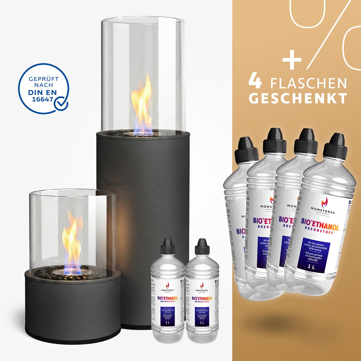 Luxury Flame Paket: Standkamin + Tischkamin L inkl. 6L Bioethanol